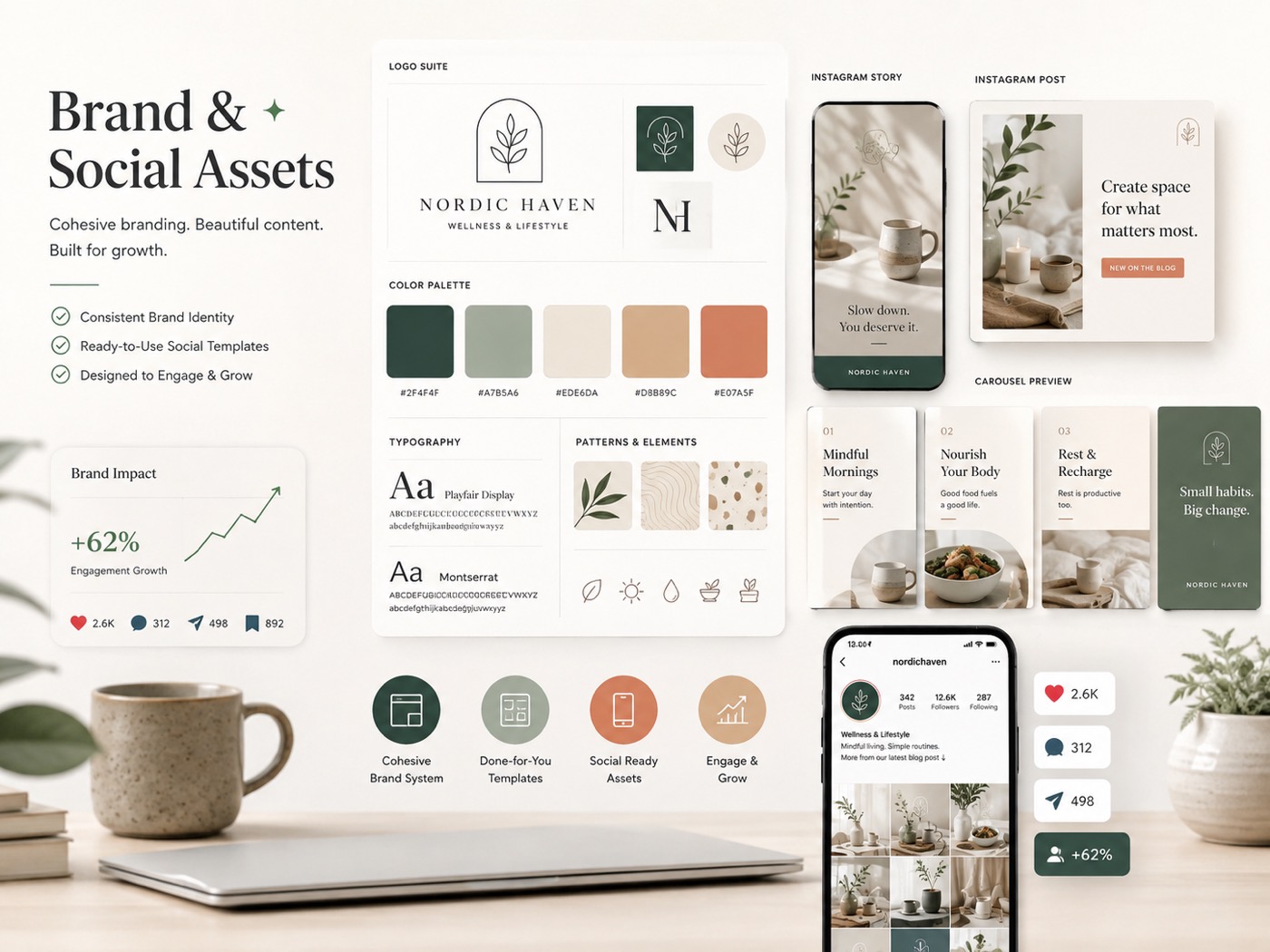 Brand identity kit showing logo suite, colour palette, typography system and matching Instagram story, post and carousel templates
