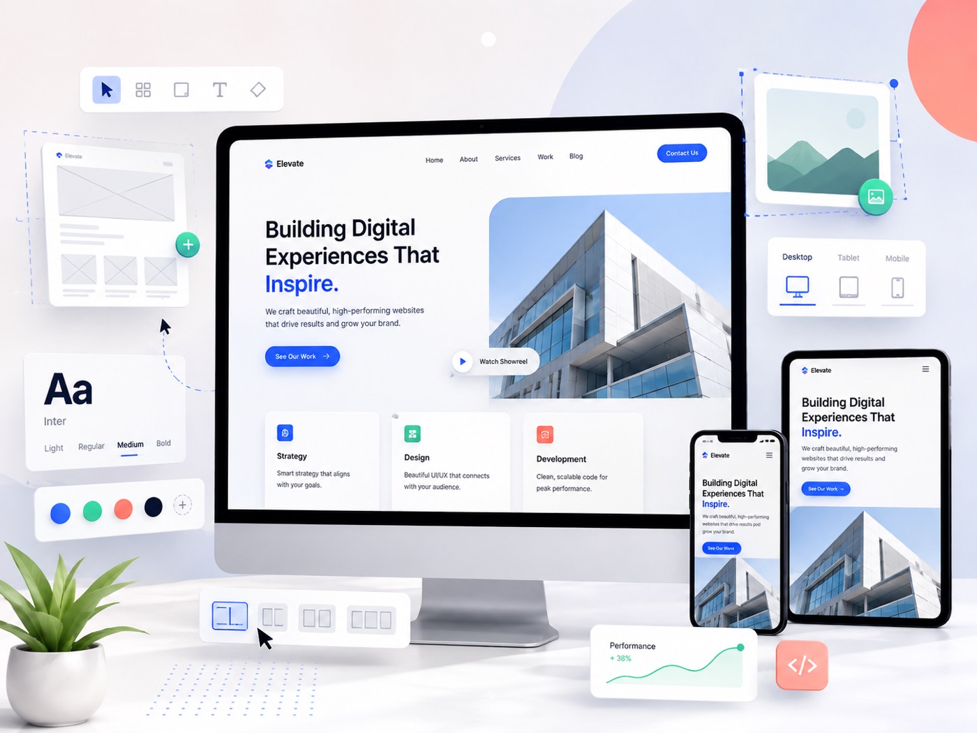 A responsive website design shown across desktop, tablet, and mobile with design system components